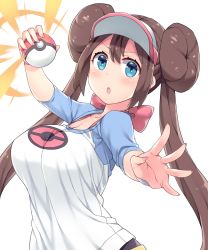 Rule 34 | 1girl, amane hasuhito, blue eyes, blush, bow, breasts, brown hair, collarbone, commentary, creatures (company), double bun, eyelashes, fingernails, game freak, hair bun, holding, holding poke ball, large breasts, long hair, looking at viewer, nail polish, nintendo, open mouth, pantyhose, pink bow, pink nails, poke ball, poke ball (basic), pokemon, pokemon bw2, raglan sleeves, rosa (pokemon), shirt, sidelocks, solo, spread fingers, twintails, upper body, visor cap