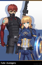 Rule 34 | 1boy, 1girl, absurdres, ahoge, armor, artoria pendragon (all), artoria pendragon (fate), assault rifle, avengers (series), belt, blonde hair, captain america, captain america (cosplay), cosplay, costume request, emiya shirou, fate/grand order, fate/stay night, fate (series), finger on trigger, fingerless gloves, gloves, green eyes, gun, highres, looking at viewer, looking to the side, marvel, mask, mouth mask, nairobi song, orange eyes, red hair, reverse grip, rifle, saber (fate), shield, weapon