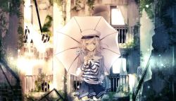 Rule 34 | 10s, 1girl, 2014, air conditioner, ama no jaku (vocaloid), black thighhighs, building, closed mouth, curtains, door, frown, gumi, hat, ikuhiro (19nnnkti16), long sleeves, looking at viewer, pale skin, plant, pleated skirt, purple eyes, ruins, short hair, skirt, smile, solo, song name, standing, striped, thighhighs, torn, umbrella, vines, vocaloid, white hair, zettai ryouiki