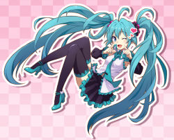 Rule 34 | 1girl, acha, ahoge, aqua eyes, aqua hair, checkered background, detached sleeves, hatsune miku, heart, high heels, lace, lace-trimmed legwear, lace trim, legs, long hair, necktie, one eye closed, pointing, shoes, skirt, solo, thighhighs, twintails, very long hair, vocaloid, wink