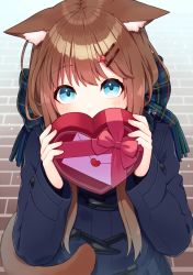 Rule 34 | 1girl, animal ears, aona (noraneko), blue eyes, blush, bow, box, brick floor, brown hair, cat ears, cat tail, coat, covered mouth, duffel coat, ears down, from above, hair ornament, hairclip, heart-shaped box, highres, letter, long hair, looking at viewer, looking up, original, scarf, scarf bow, signature, solo, tail, valentine