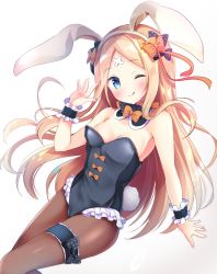 Rule 34 | 1girl, ;p, abigail williams (fate), animal ears, bandaid, bandaid on face, bare shoulders, blonde hair, blue eyes, bow, bowtie, breasts, brown pantyhose, cleavage, crossed bandaids, detached collar, fake animal ears, fate/grand order, fate (series), gradient background, hair bow, head tilt, highres, leotard, long hair, looking at viewer, masayo (gin no ame), one eye closed, pantyhose, parted bangs, playboy bunny, rabbit ears, rabbit tail, simple background, small breasts, solo, tail, tongue, tongue out, very long hair, white background, wrist cuffs