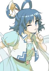 Rule 34 | 1girl, blue eyes, blue hair, dress, finger to mouth, hair ornament, hair rings, hair stick, index finger raised, itani illust, kaku seiga, looking at viewer, one eye closed, puffy short sleeves, puffy sleeves, short sleeves, simple background, solo, touhou, vest