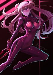 Rule 34 | 1girl, 2023, artist name, bident, blue eyes, blush, bodysuit, brown hair, dated, from behind, hair between eyes, hair ornament, highres, holding, holding weapon, lance, lance of longinus (evangelion), long hair, looking back, looking to the side, neon genesis evangelion, nicomamu, pilot suit, plugsuit, polearm, red bodysuit, simple background, solo, souryuu asuka langley, twintails, very long hair, weapon