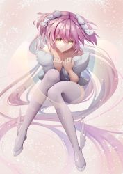 Rule 34 | 1girl, absurdres, alternate costume, bare shoulders, bottomless, eyes visible through hair, female focus, floating, floating hair, full body, hair ribbon, hands on own chest, hands up, highres, kaname madoka, legs up, long hair, looking at viewer, mahou shoujo madoka magica, mahou shoujo madoka magica (anime), mesarei, no panties, hugging object, pillow, pillow hug, pink background, pink hair, pink thighhighs, ribbon, sitting, smile, solo, spread legs, thighhighs, transparent wings, ultimate madoka, v legs, very long hair, white ribbon, winged footwear, yellow eyes, zettai ryouiki