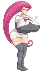 Rule 34 | 1girl, alternate breast size, big hair, black gloves, blue eyes, boots, breast hold, breasts, creatures (company), earrings, elbow gloves, frown, game freak, gigantic breasts, gloves, hair slicked back, huge breasts, jessie (pokemon), jewelry, long hair, midriff, nintendo, pink hair, pinkkoffin, pokemon, skirt, solo, team rocket, team rocket uniform, thigh boots, thighhighs, very long hair