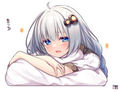 Rule 34 | 1girl, :d, ahoge, black dress, blue eyes, blush, dress, grey hair, hair between eyes, hair ornament, kizuna akari, looking at viewer, open mouth, pillow, puffy short sleeves, puffy sleeves, shirt, short sleeves, simple background, sleeveless, sleeveless dress, smile, solo, star (symbol), translation request, upper body, usume shirou, voiceroid, white background, white shirt