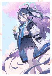 Rule 34 | 1girl, absurdly long hair, aqua necktie, aris (blue archive), banned artist, black hair, black skirt, blue archive, blue eyes, blush, cherry blossoms, hair between eyes, highres, holding, icomochi, jacket, legs, long hair, long sleeves, looking at viewer, necktie, petals, shirt, side ponytail, skirt, solo, standing, very long hair, white jacket, white shirt