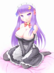 Rule 34 | 1girl, alternate costume, breasts, cleavage, crescent, female focus, full body, gradient background, highres, large breasts, long hair, maid, patchouli knowledge, purple eyes, purple hair, shinoshinosp, solo, touhou, white background