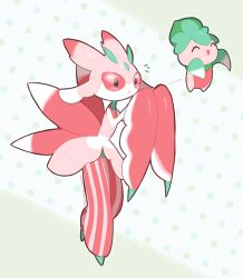 Rule 34 | :d, ^ ^, claws, closed eyes, commentary request, creatures (company), evolutionary line, flying sweatdrops, fomantis, full body, game freak, gen 7 pokemon, lurantis, motion lines, nintendo, no humans, open mouth, pokemon, pokemon (creature), polka dot, polka dot background, smile, yajuuraku