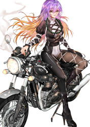 Rule 34 | 1girl, absurdres, adapted costume, alternate costume, arisu (wangyunqiu), bead necklace, beads, bespectacled, between fingers, biker clothes, bikesuit, black bodysuit, black footwear, blonde hair, bodysuit, boot straps, boots, breasts, broken, brown hair, cigarette, cross-laced clothes, full body, glasses, gradient hair, grin, high heel boots, high heels, highres, hijiri byakuren, holding, jewelry, juliet sleeves, knee boots, large breasts, long hair, long sleeves, looking at viewer, motor vehicle, motorcycle, multicolored bodysuit, multicolored clothes, multicolored hair, necklace, parted lips, prayer beads, puffy sleeves, purple hair, red-framed eyewear, see-through bodysuit, shiny clothes, shiny skin, side-view mirror, sidelocks, simple background, sitting, sitting on object, smile, smoke, smoking, solo, thighs, touhou, turtleneck, white background, white bodysuit, wind, yellow eyes