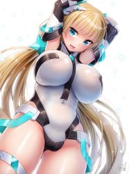 Rule 34 | 1girl, angela balzac, arms up, blonde hair, blue eyes, blunt bangs, blush, breasts, covered erect nipples, covered navel, deva battle suit, doyouwantto, elbow gloves, gloves, headgear, highleg, highleg leotard, impossible clothes, impossible leotard, large breasts, leotard, long hair, looking at viewer, low twintails, open mouth, rakuen tsuihou, signature, simple background, skin tight, smile, solo, thigh strap, twintails, very long hair, white background, white leotard
