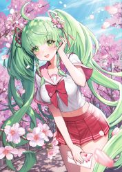 Rule 34 | 1girl, absurdres, ahoge, bow, bowtie, breasts, cherry blossoms, cowboy shot, flower, green eyes, green hair, hair flower, hair ornament, hair ribbon, hand up, highres, holding, houchi shoujo, large breasts, long hair, looking at viewer, midriff, miniskirt, monini, open mouth, pleated skirt, red skirt, ribbon, sailor collar, school uniform, serafuku, shirt, short sleeves, skirt, solo, standing, teihou (houchi shoujo), tree, twintails, very long hair, white shirt