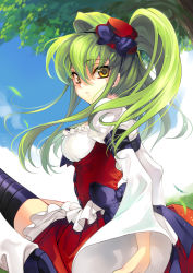 Rule 34 | 1girl, alternate hairstyle, breasts, c.c., code geass, corset, creayus, dress, green hair, hat, long hair, looking at viewer, mini hat, mini top hat, sitting, solo, thighhighs, top hat, twintails, wide sleeves, yellow eyes
