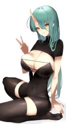 Rule 34 | 1girl, alternate costume, arknights, black leotard, black shirt, black thighhighs, blush, breasts, cleavage, closed mouth, commentary, covered navel, cross-laced clothes, eyelashes, full body, green hair, hair between eyes, highres, horns, hoshiguma (arknights), large breasts, leotard, long hair, looking at viewer, lumc, no shoes, orange eyes, shirt, shrug (clothing), simple background, single horn, sitting, skin-covered horns, smile, soles, solo, taut clothes, thighhighs, v, white background, zettai ryouiki