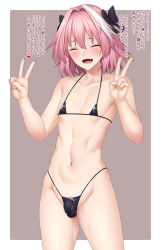 Rule 34 | 1boy, absurdres, ao banana, astolfo (fate), bare shoulders, bikini, black bikini, black bow, blush, border, bow, bulge, closed eyes, collarbone, double v, fang, fate/apocrypha, fate (series), grey background, hair intakes, hands up, highres, long hair, male focus, micro bikini, multicolored hair, navel, open mouth, pink hair, short hair, smile, solo, streaked hair, swimsuit, thighs, translated, trap, v, white border, white hair