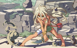 Rule 34 | ahoge, androgynous, asymmetrical legwear, bandage on thigh, barefoot, convenient censoring, gold bracelet, green eyes, grey hair, holding, holding weapon, jewelry, kirim (fugo), knife, long hair, matsuo yuusuke, navel, nipples, original, rock, simple background, sketch, solo, topless, weapon, white background