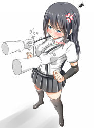 Rule 34 | 10s, 1boy, 1girl, admiral (kancolle), alternate breast size, anger vein, angry, arm warmers, asashio (kancolle), baretto (karasi07), black footwear, black thighhighs, blue eyes, blush, boots, breasts, buttons, closed mouth, collared shirt, foreshortening, from above, full body, gloves, highres, kantai collection, large breasts, long sleeves, motion lines, pulling another&#039;s clothes, shirt, short sleeves, simple background, skindentation, skirt, solo focus, squiggle, suspender skirt, suspenders, suspenders pull, sweatdrop, thigh boots, thighhighs, white background, white gloves, white shirt, wing collar, zettai ryouiki