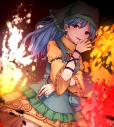 Rule 34 | 1girl, :d, absurdres, apron, between fingers, black headwear, blue apron, blue hair, commentary request, cowboy shot, dress, fire, frilled apron, frills, haniyasushin keiki, head scarf, highres, holding, jewelry, long hair, long sleeves, looking at viewer, magatama, magatama necklace, mozuno (mozya 7), necklace, open mouth, purple eyes, smile, solo, tools, touhou, wide sleeves, wristband, yellow dress