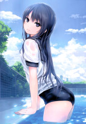 Rule 34 | 1girl, absurdres, arm support, ass, black hair, blue sky, breasts, cloud, cloudy sky, coffee-kizoku, day, from side, highres, leaning forward, light smile, long hair, looking at viewer, new school swimsuit, one-piece swimsuit, original, outdoors, parted lips, partially submerged, poolside, purple eyes, sailor collar, sailor shirt, scan, school swimsuit, see-through, shiramine rika, shirt, sky, small breasts, solo, swimsuit, swimsuit under clothes, wading, wet, wet clothes, wet shirt