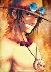 Rule 34 | 1boy, 2010, beads, black eyes, black hair, cowboy hat, dated, fiery background, fire, freckles, green hair, grin, hat, jewelry, k-suwabe, looking at viewer, male focus, muscular, necklace, one piece, portgas d. ace, sad face, topless male, skull, smile, smiley face, solo, stampede string, teeth