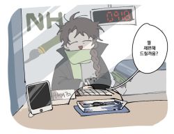 Rule 34 | 1boy, black jacket, braid, clock, commentary request, dding91, digital clock, closed eyes, green scarf, grey shirt, harada minoru, jacket, korean commentary, korean text, long hair, long sleeves, male focus, open clothes, open jacket, open mouth, saibou shinkyoku, scarf, shirt, side braid, smile, solo, speech bubble, translation request