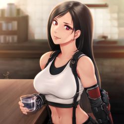 Rule 34 | 1girl, bare shoulders, black hair, breasts, cup, drinking glass, earrings, final fantasy, final fantasy vii, highres, horiishi horuto, jewelry, large breasts, long hair, looking at viewer, midriff, navel, red eyes, sitting, smile, solo, suspenders, tifa lockhart