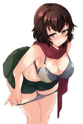 Rule 34 | 10s, 1girl, abenattou, black bra, black panties, blush, bra, breasts, brown eyes, brown hair, caesar (girls und panzer), cleavage, closed mouth, commentary, cowboy shot, embarrassed, frown, girls und panzer, green skirt, half-closed eyes, large breasts, leaning forward, looking at viewer, miniskirt, navel, no shirt, ooarai school uniform, panties, panty pull, pleated skirt, pulled by self, red scarf, scarf, school uniform, short hair, simple background, skirt, solo, standing, sweatdrop, underwear, wavy mouth, white background