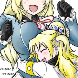 Rule 34 | 10s, 2girls, admiral paru, atago (kancolle), black gloves, black scarf, blonde hair, breast press, breasts, english text, closed eyes, false smile, female admiral (kancolle), gloves, hair tie, head out of frame, height difference, high ponytail, hug, kantai collection, large breasts, little girl admiral (kancolle), minty mackenzie, multiple girls, open mouth, scarf, side ponytail, smile, twitter username, uniform
