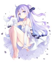 Rule 34 | 1girl, ahoge, azur lane, bare legs, barefoot, black bow, blue hair, blush, bow, breasts, closed mouth, criss-cross halter, detached sleeves, dress, dress bow, feet, full body, gradient hair, hair bun, halterneck, highres, knees up, legs, legs together, long hair, looking at viewer, matsuuni, multicolored hair, one side up, purple eyes, purple hair, side bun, sidelocks, simple background, single side bun, small breasts, smile, solo, tareme, thighs, unicorn, unicorn (azur lane), wavy hair, white background, white dress