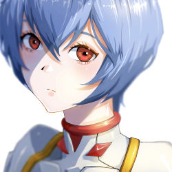 Rule 34 | 1girl, albino, ayanami rei, blue hair, blurry, depth of field, expressionless, hair between eyes, highres, looking at viewer, neon genesis evangelion, plugsuit, red eyes, shaded face, short hair, solo, upper body, white background, yoon