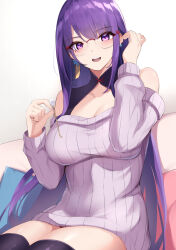Rule 34 | 1girl, absurdres, bad id, bad twitter id, bare shoulders, blush, breasts, cleavage, contemporary, genshin impact, glasses, haneramu, highres, large breasts, long hair, long sleeves, looking at viewer, mole, mole under eye, off-shoulder sweater, off shoulder, open mouth, purple eyes, purple hair, raiden shogun, smile, solo, sweater, thighhighs, thighs, very long hair