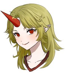 Rule 34 | 1girl, blonde hair, closed mouth, collarbone, commentary request, highres, horns, hoshiguma yuugi, karubo 100sei, long hair, looking at viewer, medium bangs, parted bangs, pointy ears, portrait, red eyes, red horns, simple background, single horn, smile, solo, star (symbol), touhou, white background