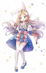 Rule 34 | 1girl, animal ears, antenna hair, blonde hair, blue dress, blue eyes, blue footwear, bow, camera, collarbone, commentary, dress, flower, highres, holding, looking at viewer, melings (aot2846), multicolored hair, original, pink bow, pink flower, pink hair, rabbit ears, shoes, solo, thighhighs, two-tone hair, white thighhighs