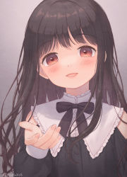 Rule 34 | 1girl, black bow, black bowtie, blush, bow, bowtie, brown eyes, brown hair, clothing request, commentary request, grey background, hand up, highres, kazane mari, long hair, looking at viewer, nail polish, open mouth, original, pink nails, reaching, reaching towards viewer, simple background, smile, solo, twitter username, upper body
