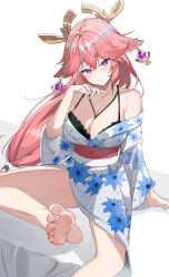 Rule 34 | 1girl, absurdres, alternate costume, animal ears, arm support, bare legs, bare shoulders, barefoot, between breasts, black bra, blush, bra, breasts, cleavage, crossed bangs, earrings, feet, floppy ears, floral print, foot out of frame, fox ears, genshin impact, hair between eyes, hand up, highres, japanese clothes, jewelry, kimono, large breasts, long hair, looking at viewer, low-tied long hair, nail polish, natsuko iman, obi, off shoulder, pink hair, pink kimono, pink nails, presenting foot, purple eyes, red sash, sash, simple background, sitting, smile, soles, solo, strap between breasts, toenail polish, toenails, toes, underwear, white background, white kimono, yae miko