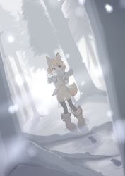 Rule 34 | 1girl, absurdres, animal ears, black legwear, blonde hair, boots, chi99tai, dress, dutch angle, female focus, forest, fox ears, fox tail, full body, fur trim, gloves, highres, nature, original, pigeon-toed, scarf, see-through silhouette, snow, snowing, solo, standing, sweater, sweater dress, tail, tree, white gloves, winter clothes