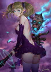 Rule 34 | 1girl, ariverkao, ass, bare back, blonde hair, blue eyes, breasts, butt crack, detached sleeves, dress, gradient background, large breasts, long hair, looking at viewer, magic, original, pointy ears, skull, solo, thighhighs, twintails, white thighhighs