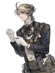 Rule 34 | 1boy, adjusting clothes, adjusting gloves, ahoge, belt pouch, black jacket, black ribbon, blonde hair, blue eyes, brown pants, button eyes, buttons, closed mouth, dress shirt, dutch angle, fang, gloves, hair over one eye, half updo, headphones, highres, identity v, jacket, jiyangzi, luca balsa, male focus, neck ribbon, official alternate costume, open clothes, open jacket, pants, pouch, ribbon, shirt, short hair, simple background, smile, solo, white background, white gloves, white shirt