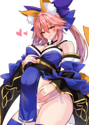 Rule 34 | 1girl, animal ear fluff, animal ears, bare shoulders, big belly, blue bow, blue kimono, blue thighhighs, bow, breasts, cleavage, detached collar, detached sleeves, fate/extra, fate (series), fox ears, fox girl, fox tail, hair between eyes, hair bow, hand on own stomach, highres, innie navel, japanese clothes, kimono, large breasts, long hair, looking at viewer, navel, obi, panties, pink hair, pregnant, sash, sidelocks, smile, solo, stomach, tail, tamamo (fate), tamamo no mae (fate/extra), thighhighs, thighs, twintails, underwear, white panties, wide sleeves, wisespeak, yellow eyes
