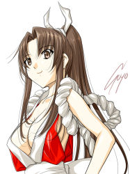 Rule 34 | 1girl, breasts, brown eyes, brown hair, cleavage, fatal fury, large breasts, long hair, ponytail, shiranui mai, signature, simple background, smile, snk, solo, soyosoyo, the king of fighters