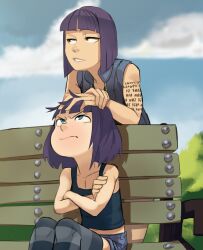 Rule 34 | 2girls, adjusting another&#039;s hair, age difference, annoyed, arm tattoo, bare shoulders, bench, black tank top, black thighhighs, blue eyes, blue shorts, blue sky, blue vest, blunt bangs, blurry, blurry background, bob cut, breasts, brown eyes, closed mouth, cloud, collarbone, commentary, commission, creatures (company), cropped shirt, crossed arms, denim, denim shorts, english commentary, foliage, game freak, gen 2 pokemon, grass, grey thighhighs, hand on another&#039;s head, hand on own arm, highres, kasia mikolajczyk, kate mikolajczyk, lips, looking afar, looking ahead, looking at another, looking up, messy hair, midriff, multiple girls, muscular, muscular female, navel, nintendo, on bench, original, own hands together, park, park bench, parted lips, pokemon, polyle, purple hair, ruffling hair, short hair, short shorts, shorts, siblings, single bare shoulder, sisters, sitting, sky, sleeveless, small breasts, standing, striped clothes, striped thighhighs, tank top, tattoo, teasing, thick eyebrows, thighhighs, unown, unownglyphics, upper body, upturned eyes, v-shaped eyebrows, vest