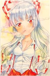 Rule 34 | 1girl, bow, breasts, buttons, cigarette, cleavage, collared shirt, fujiwara no mokou, hair bow, long hair, looking at viewer, painting (medium), pants, red eyes, red pants, selenium, shirt, sidelocks, simple background, smoke, smoking, solo, suspenders, touhou, traditional media, watercolor (medium), white hair, white shirt