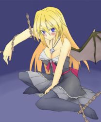 Rule 34 | 1girl, angry, arm up, azukilib, bare shoulders, between legs, black dress, black pantyhose, blonde hair, blue background, blue eyes, blush, bound, breasts, chain, character request, cleavage, closed mouth, cross, dragon wings, dress, embarrassed, female focus, full body, gradient hair, hair between eyes, hand between legs, have to pee, jewelry, long hair, looking at viewer, medium breasts, multicolored hair, necklace, orange hair, pantyhose, peeing, peeing self, simple background, sitting, solo, strapless, strapless dress, tied up, wet, wet clothes, wings