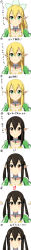 Rule 34 | 10s, 1girl, absurdres, black hair, blonde hair, blush, breasts, brown hair, choker, cleavage, green hair, headdress, highres, k-on!, leafa, long hair, long image, nakano azusa, nori tamago, pointy ears, voice actor connection, smile, sword art online, taketatsu ayana, tall image, translation request, twintails