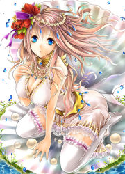 Rule 34 | 1girl, blue eyes, breasts, brown hair, clam shell, cleavage, dress, flower, frilled thighhighs, frills, gem, hair flower, hair ornament, hisho collection, jewelry, kininaljaguar, large breasts, long hair, lots of jewelry, necklace, pearl (gemstone), solo, thighhighs, water, zettai ryouiki