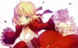Rule 34 | 10s, 1girl, blonde hair, braid, breasts, cleavage, dress, epaulettes, fate/extra, fate/stay night, fate (series), green eyes, hair ribbon, highres, nero claudius (fate), nero claudius (fate), nero claudius (fate/extra), non-web source, petals, ribbon, solo, takeuchi takashi, wallpaper