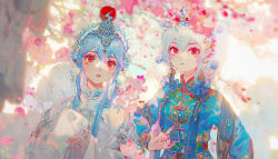 Rule 34 | 2girls, blue hair, cherry blossoms, chinese clothes, earrings, gem, jewelry, long hair, long sleeves, looking at viewer, mian lang, multiple girls, orchid fingers, original, peking opera, red eyes, red gemstone, sleeves past fingers, sleeves past wrists, snake, upper body, white snake, wide sleeves, yaopei
