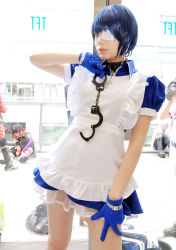 Rule 34 | 3girls, apron, asian, blue eyes, blue gloves, blue hair, collar, color contacts, cosplay, cross, cuffs, eyepatch, gloves, handcuffs, highres, ikkitousen, looking at viewer, maid, maid apron, multiple girls, namada, photo (medium), puffy short sleeves, puffy sleeves, ryomou shimei, ryomou shimei (cosplay), short sleeves, solo focus, standing