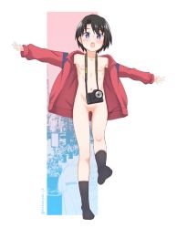 Rule 34 | 1girl, asymmetrical bangs, balancing, black hair, black socks, blue eyes, blush, breasts, camera, camera around neck, collarbone, commission, flat chest, highres, jacket, koe no katachi, long sleeves, looking at viewer, naked jacket, navel, nekokyun, nikon (company), nipples, nishimiya yuzuru, nude, open mouth, outstretched arms, parted bangs, photo background, pixiv commission, pussy, red jacket, short hair, small breasts, socks, solo, spread arms, teeth, twitter username, uncensored, upper teeth only, white background